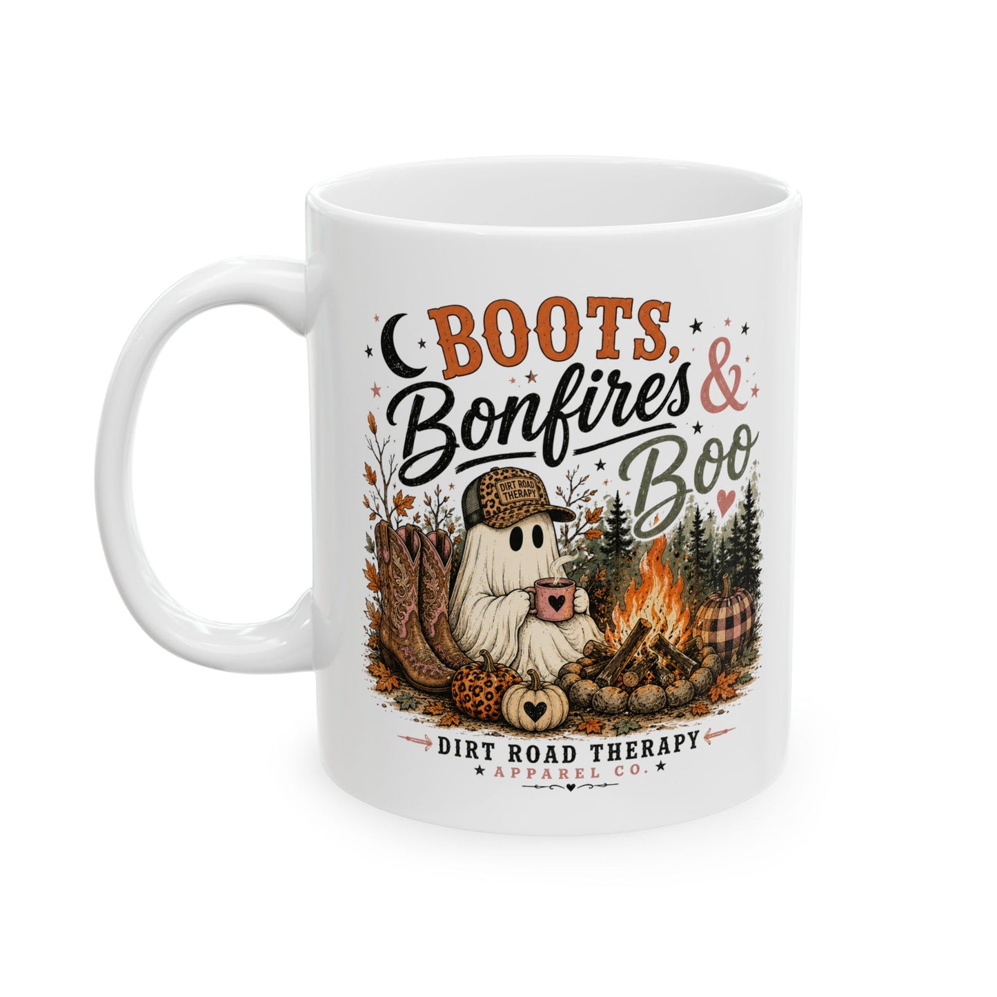 Boots, Bonfires & Boo Mug | Ceramic Coffee Cup, Autumn Woodland Design