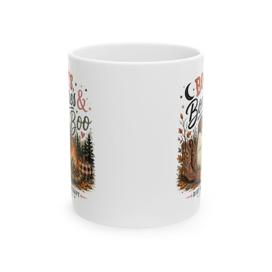 Boots, Bonfires & Boo Mug | Ceramic Coffee Cup, Autumn Woodland Design