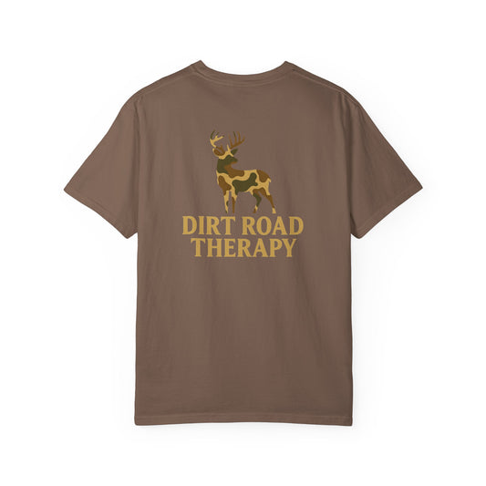 Dirt Road Therapy T-Shirt — Camo Deer Graphic Casual Tee
