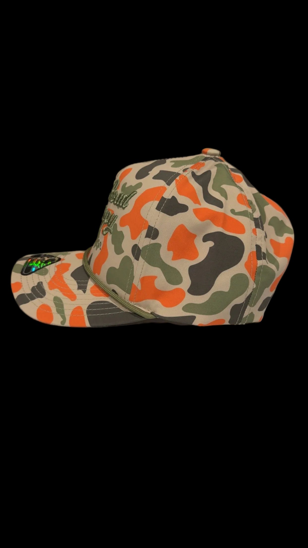 Orange duck camo with puff embroidery