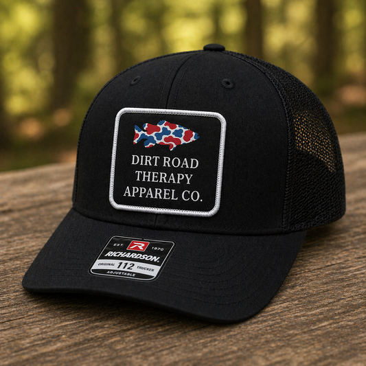 Black Trucker Hat Richardson 112 | Dirt Road Therapy Apparel Co. Patch Hat | Adjustable Snapback Outdoor Hat