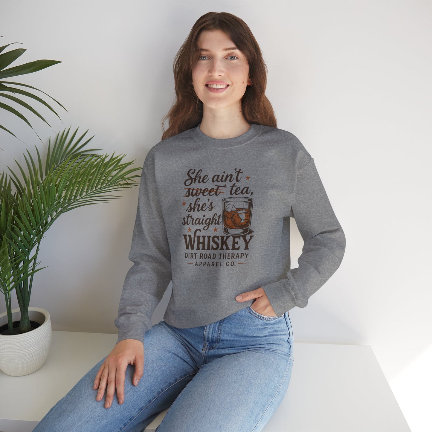 Whiskey Crewneck Sweatshirt - "She Ain't Sweet Tea, She's Straight Whiskey" Retro Country Graphic