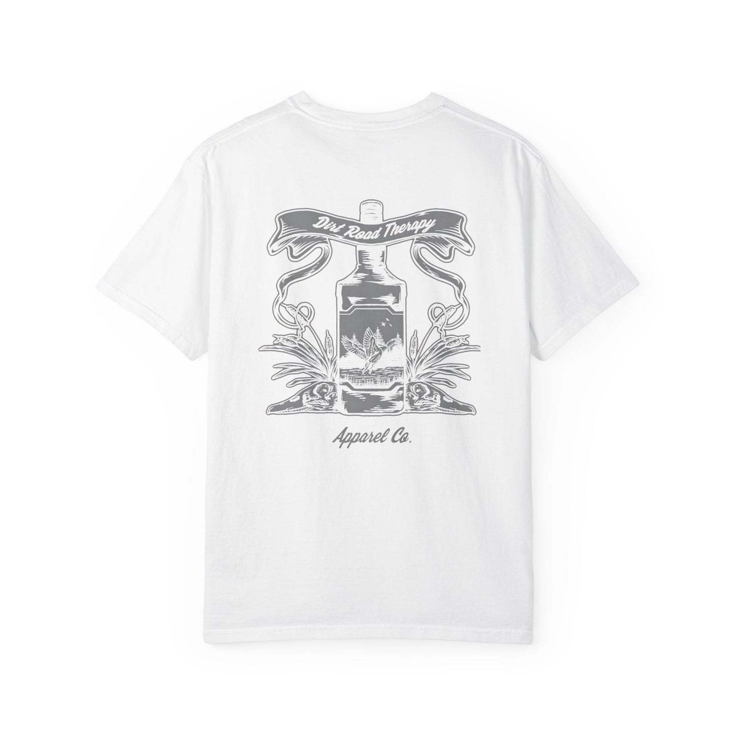 T-Shirt — Vintage Whiskey Bottle Graphic Tee (Back Print, 'Dirt Road Apparel Co')