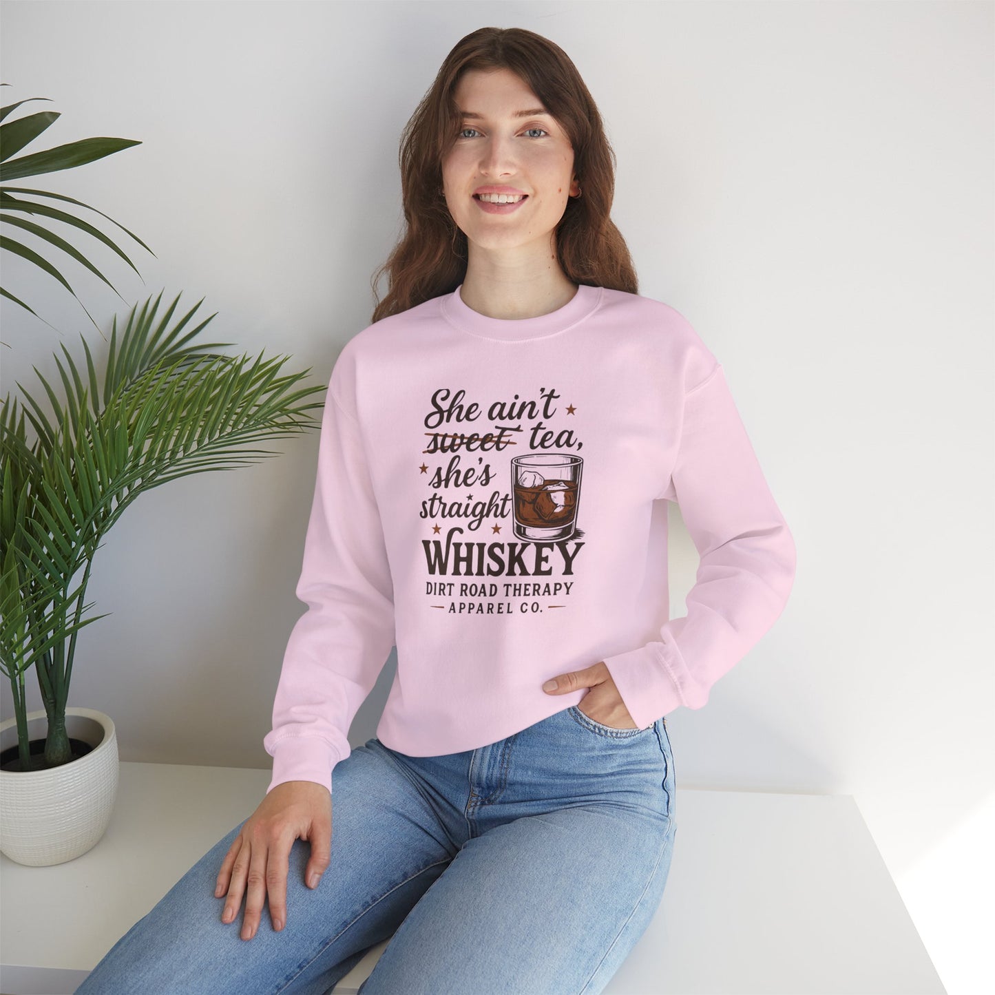 Whiskey Crewneck Sweatshirt - "She Ain't Sweet Tea, She's Straight Whiskey" Retro Country Graphic