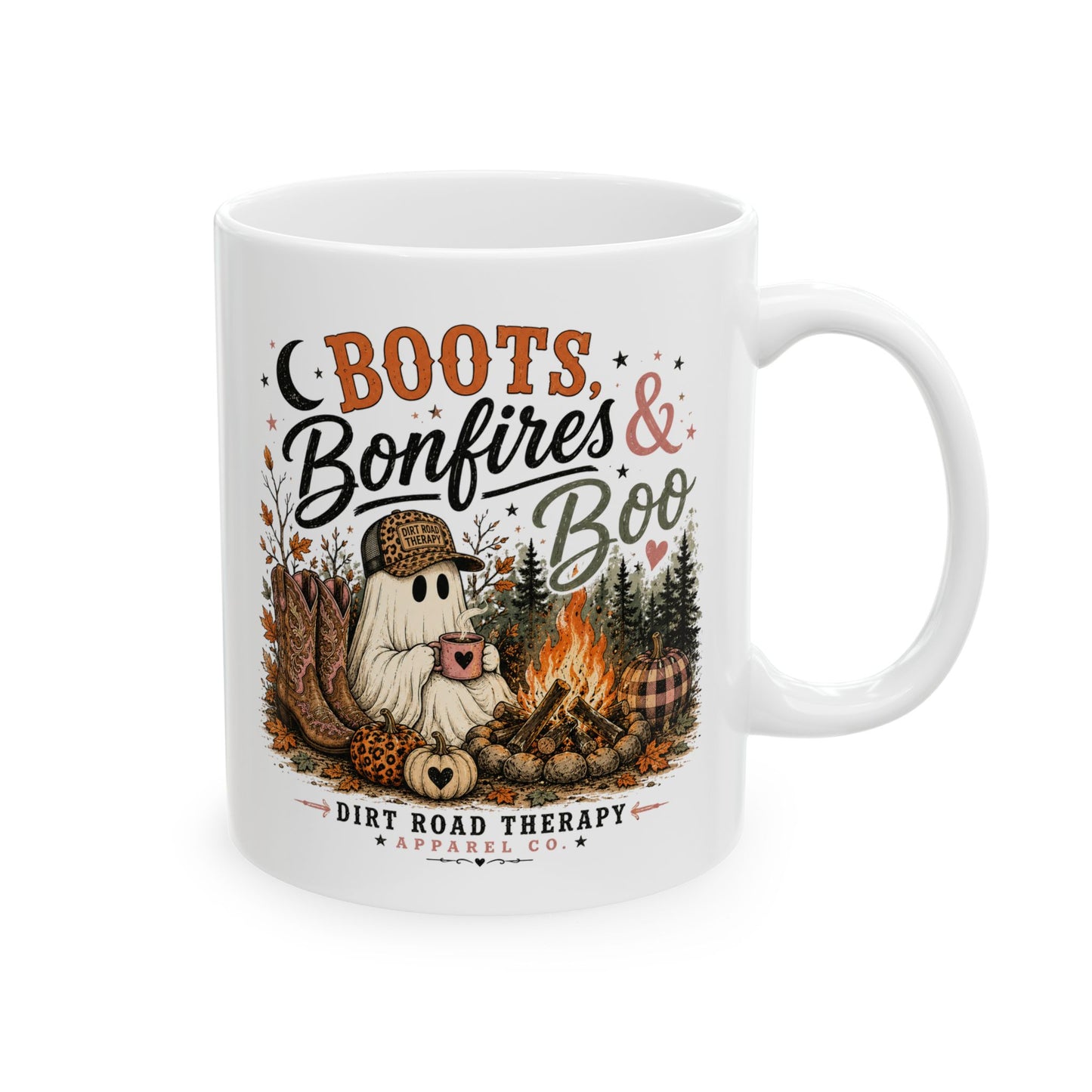 Boots, Bonfires & Boo Mug | Ceramic Coffee Cup, Autumn Woodland Design