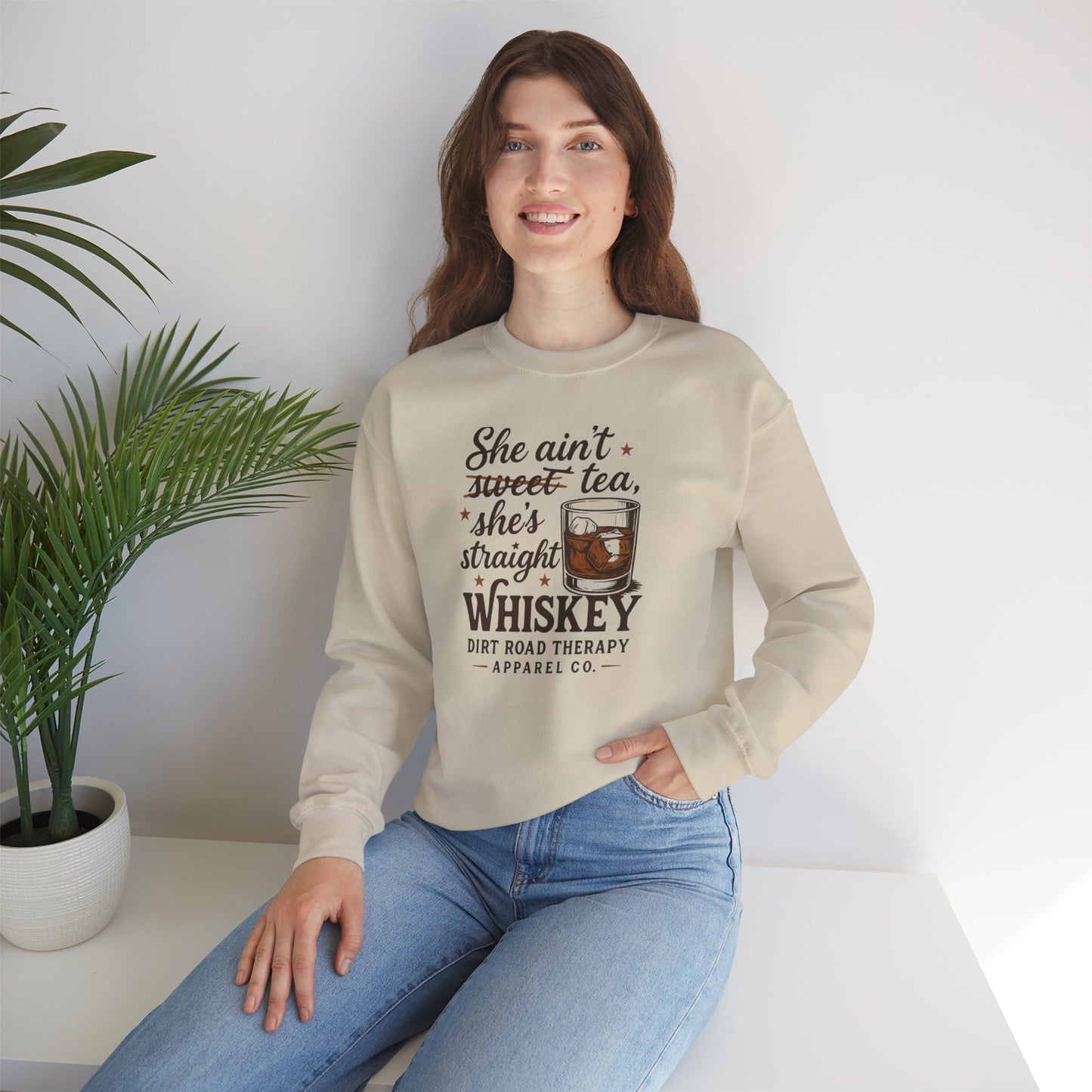 Whiskey Crewneck Sweatshirt - "She Ain't Sweet Tea, She's Straight Whiskey" Retro Country Graphic