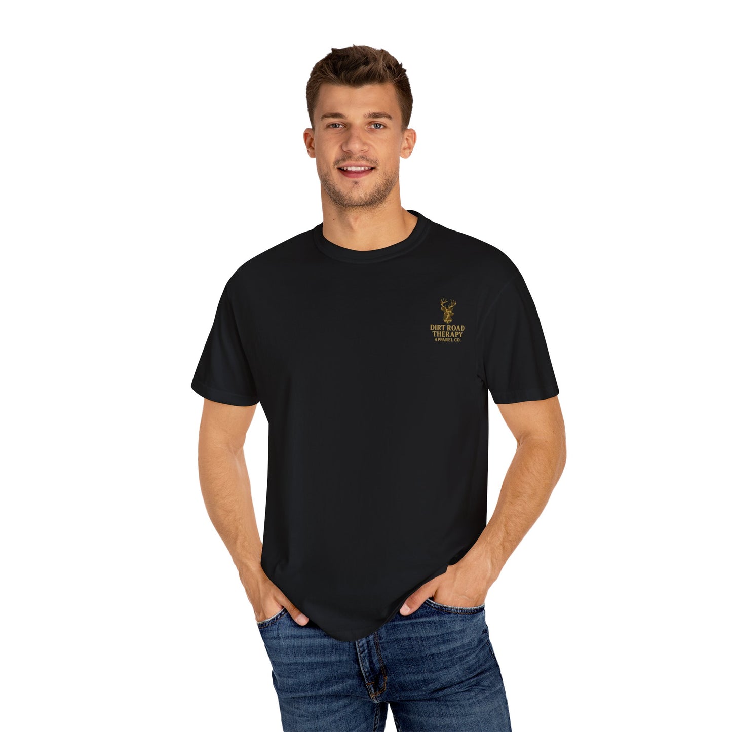 Dirt Road Therapy T-Shirt — Camo Deer Graphic Casual Tee