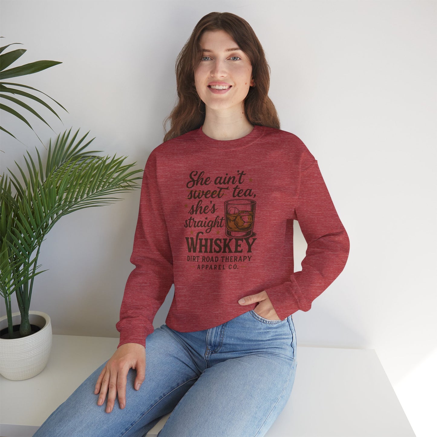 Whiskey Crewneck Sweatshirt - "She Ain't Sweet Tea, She's Straight Whiskey" Retro Country Graphic