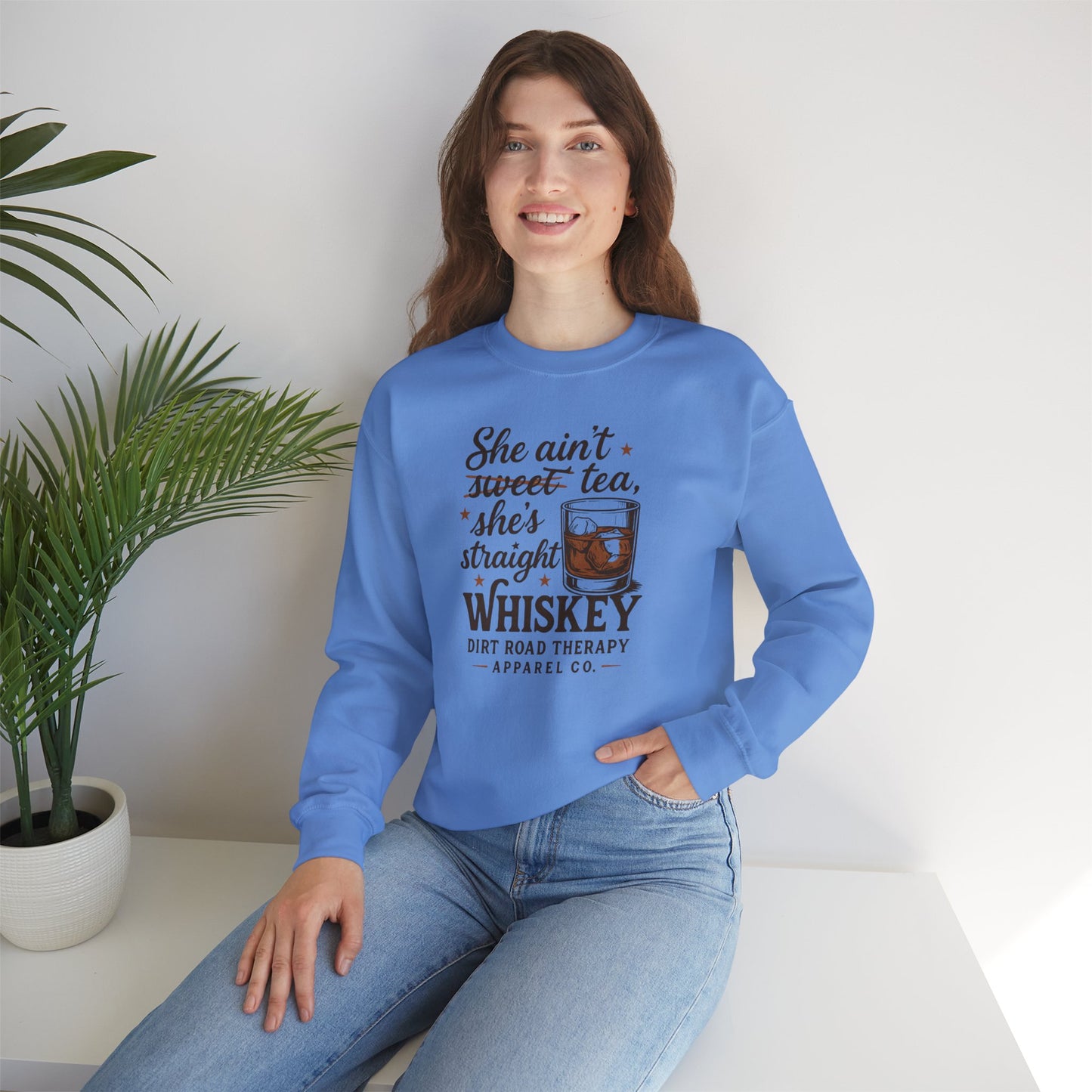 Whiskey Crewneck Sweatshirt - "She Ain't Sweet Tea, She's Straight Whiskey" Retro Country Graphic