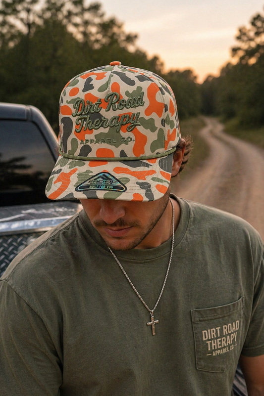 Orange duck camo with puff embroidery