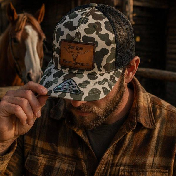 Longhorn leather patch camo SnapBack