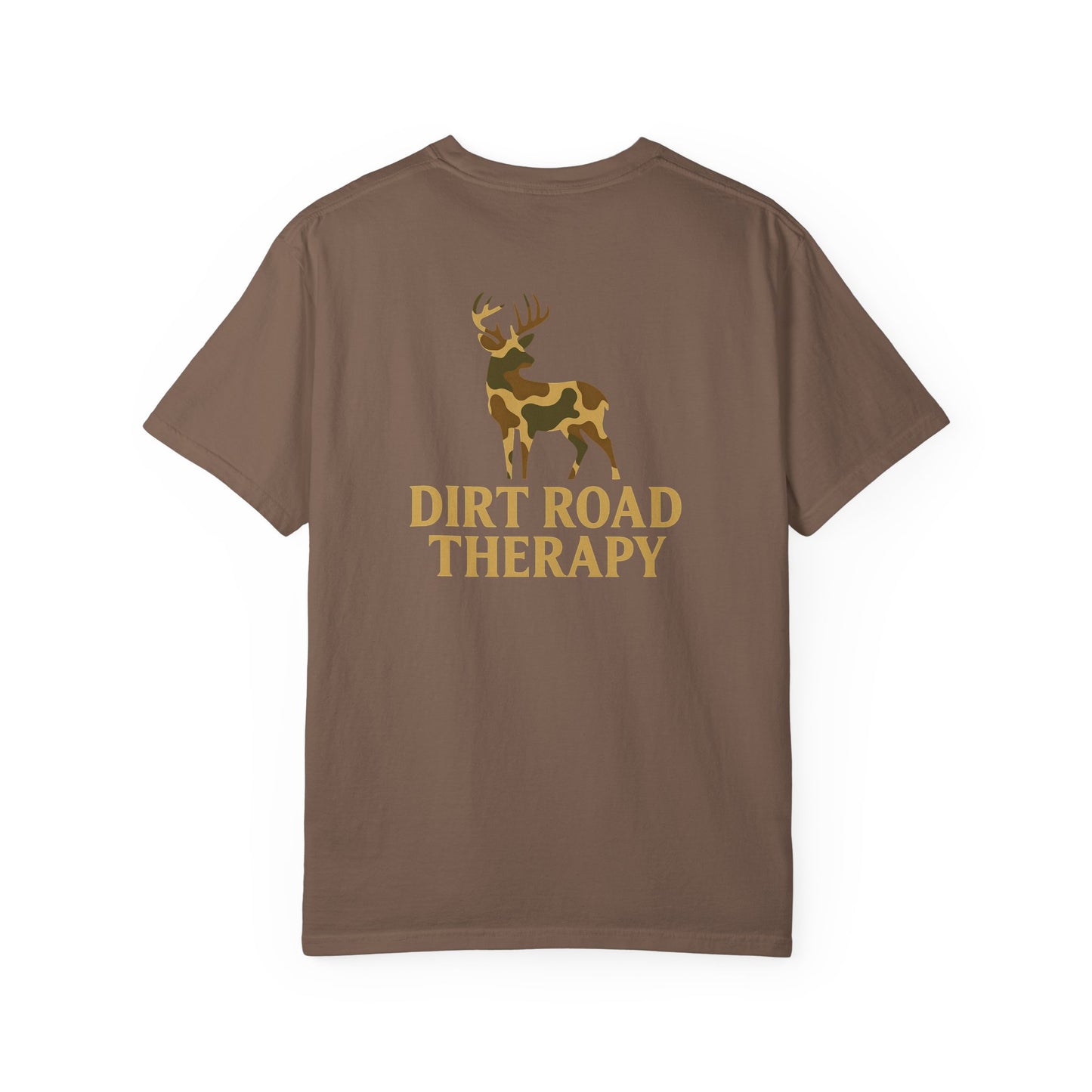 Dirt Road Therapy T-Shirt — Camo Deer Graphic Casual Tee