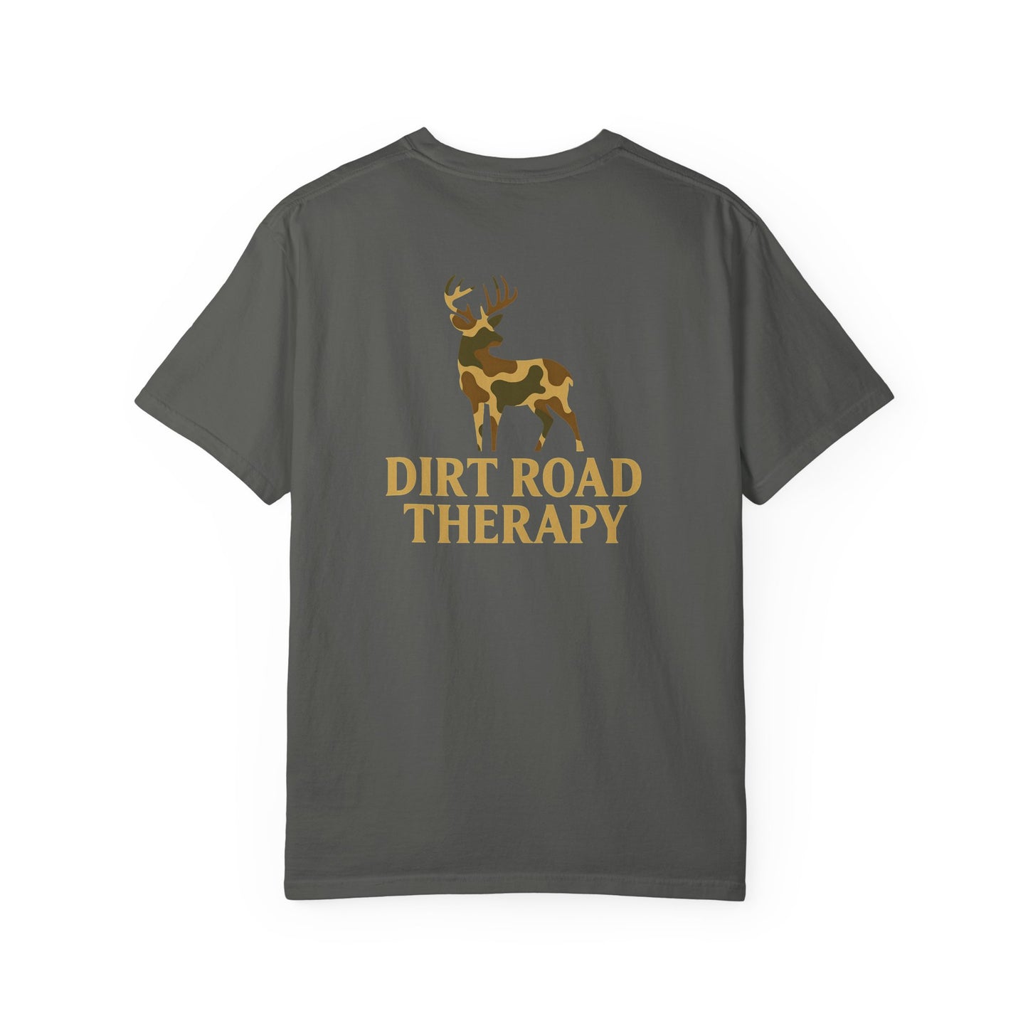 Dirt Road Therapy T-Shirt — Camo Deer Graphic Casual Tee