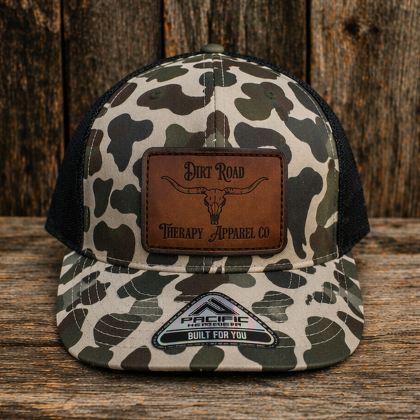 Longhorn leather patch camo SnapBack