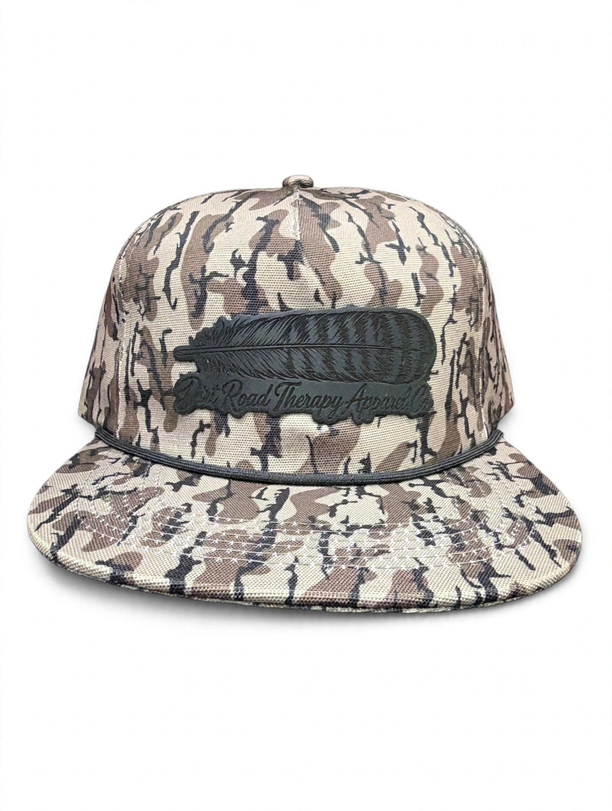 Dirt Road Therapy Camo Rope Hat – Black Leather Feather Patch