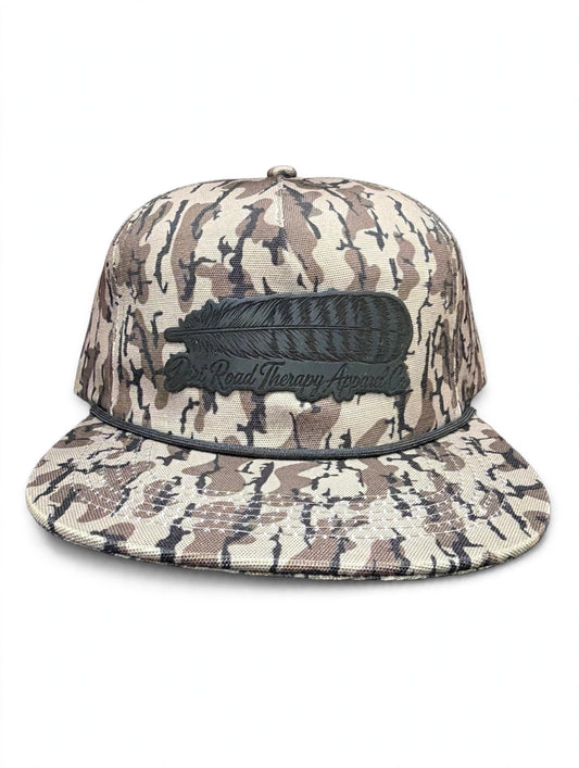 Dirt Road Therapy Camo Rope Hat – Black Leather Feather Patch