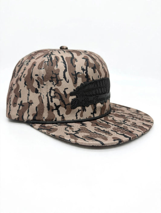 Dirt Road Therapy Camo Rope Hat – Black Leather Feather Patch