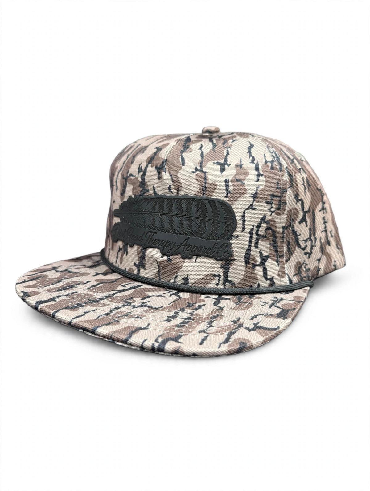 Dirt Road Therapy Camo Rope Hat – Black Leather Feather Patch