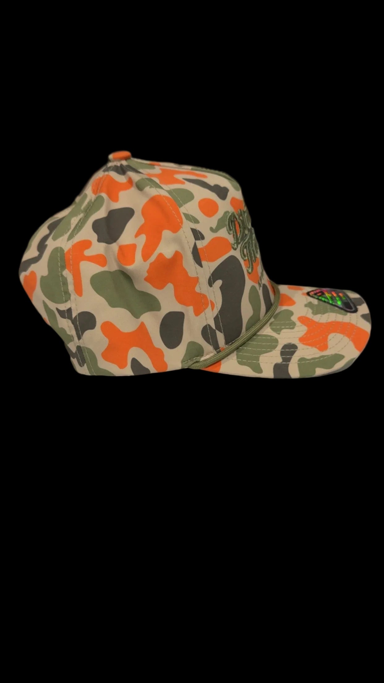 Orange duck camo with puff embroidery
