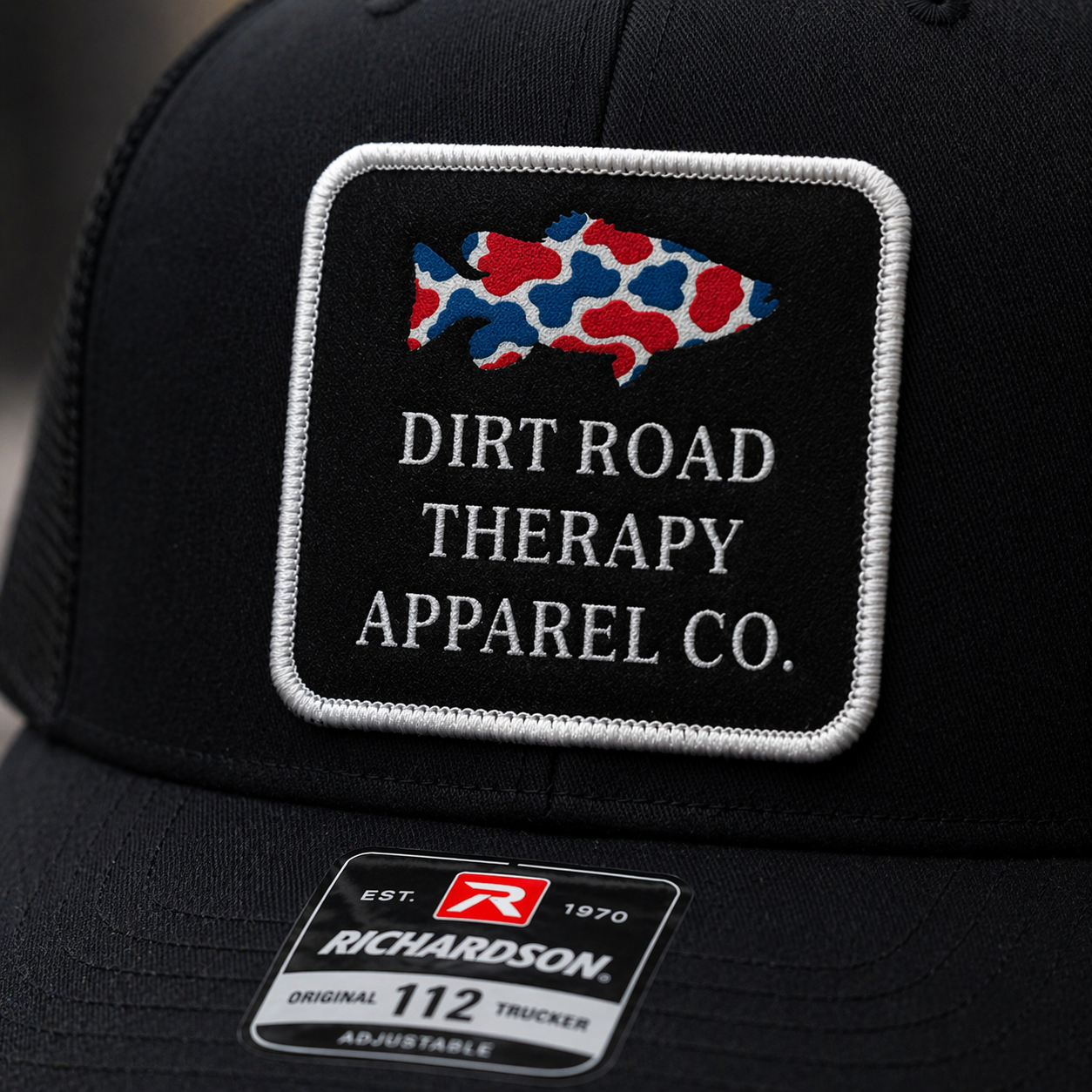 Black Trucker Hat Richardson 112 | Dirt Road Therapy Apparel Co. Patch Hat | Adjustable Snapback Outdoor Hat