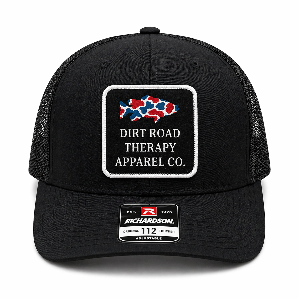 Black Trucker Hat Richardson 112 | Dirt Road Therapy Apparel Co. Patch Hat | Adjustable Snapback Outdoor Hat