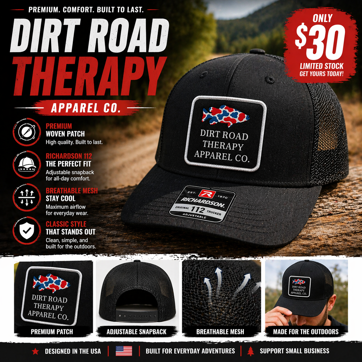 Black Trucker Hat Richardson 112 | Dirt Road Therapy Apparel Co. Patch Hat | Adjustable Snapback Outdoor Hat