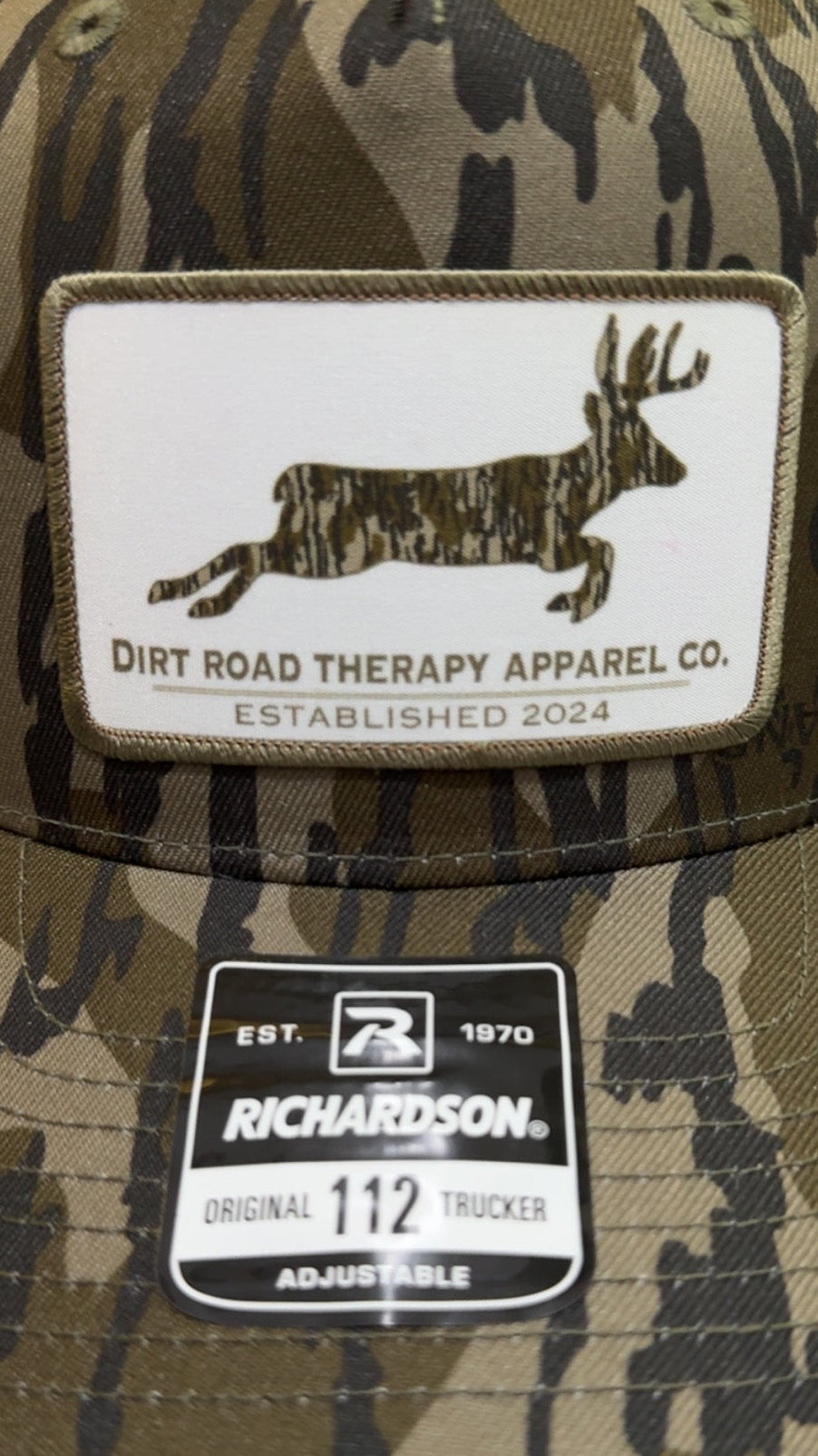 Dirt Road Therapy Apparel Co. Richardson 112PFP Mossy Oak Bottomland/Loden 5 Panel Trucker Hat