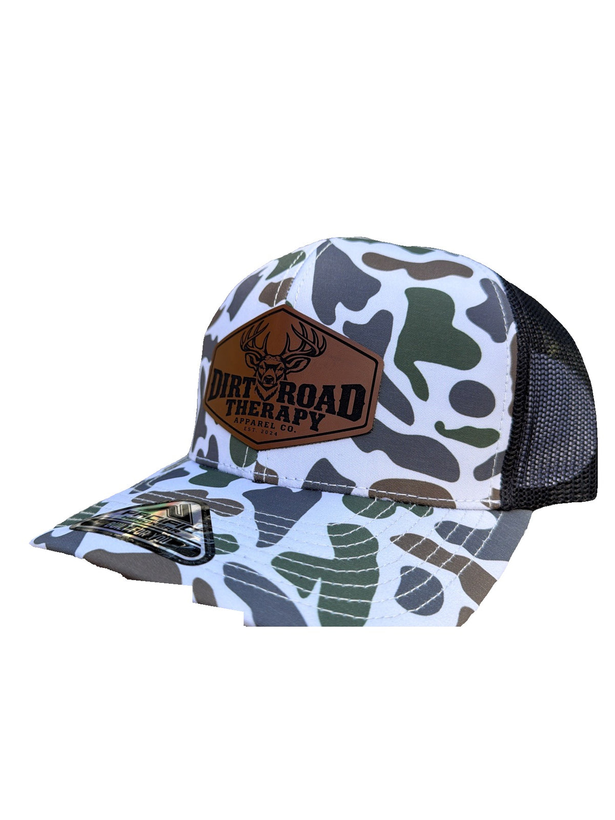 White duck camo trucker hat with leather buck patch, three-quarter view