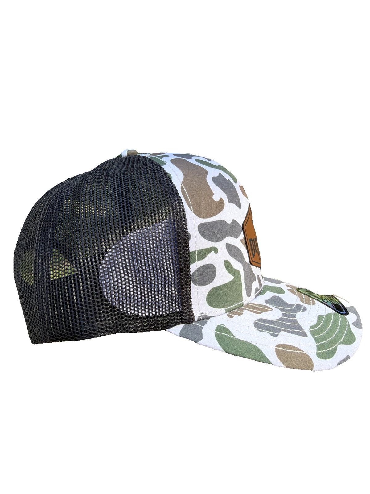 White duck camo trucker hat with black mesh back, side view